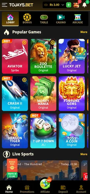2JBET Game home screen on Android & IOS