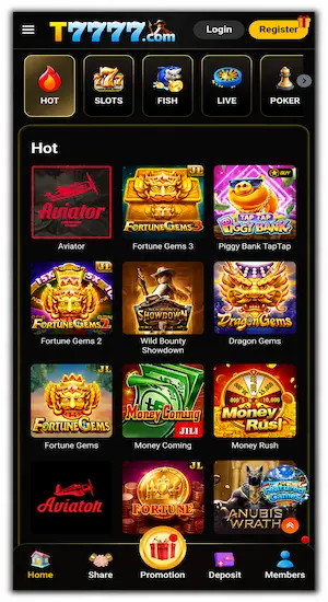 T7777 Game homepage on Android mobile